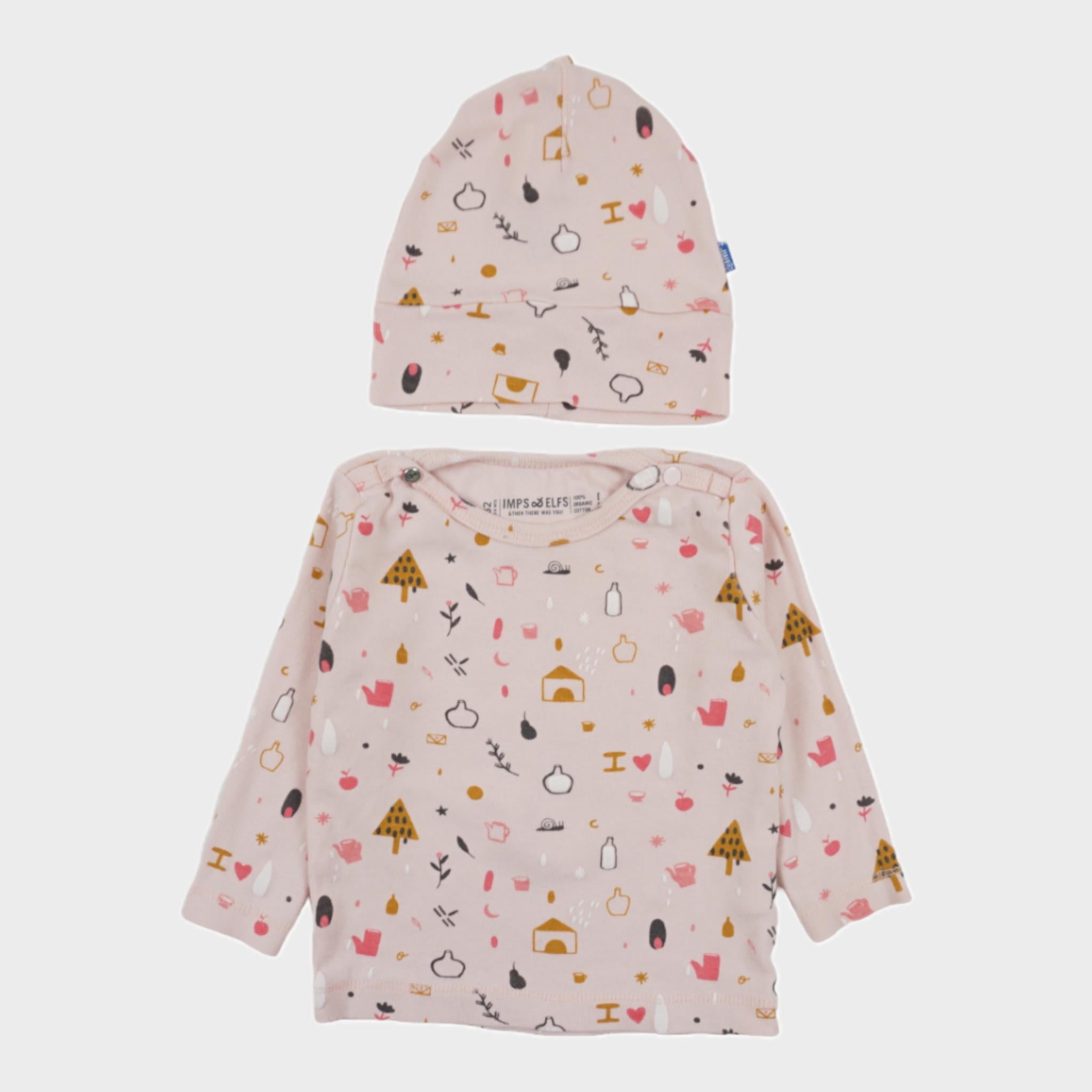 Ensemble T-shirt et bonnet Rose - 3/6 mois