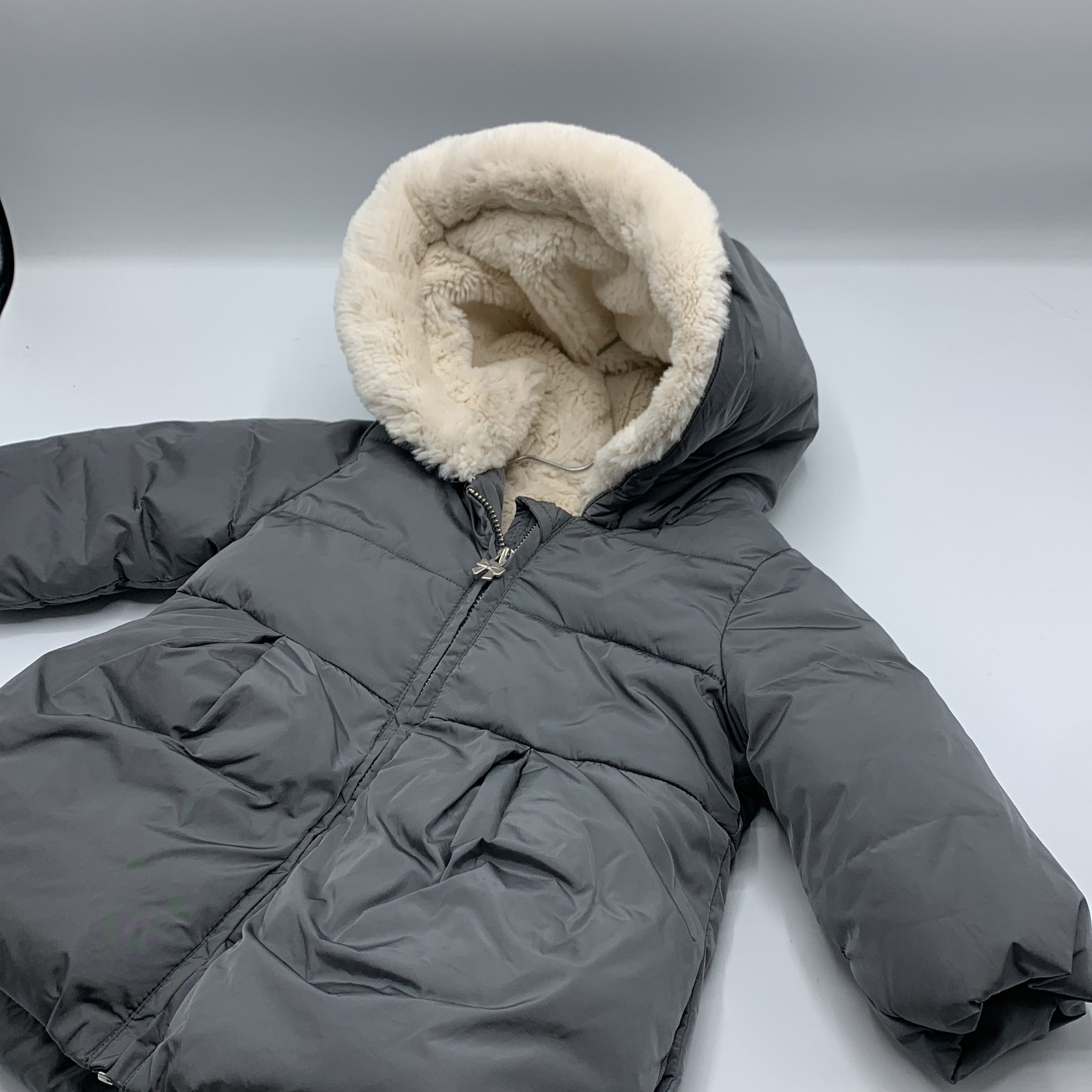 1-Doudoune Jacadi Paris, 6M, grise avec capuche fourrée