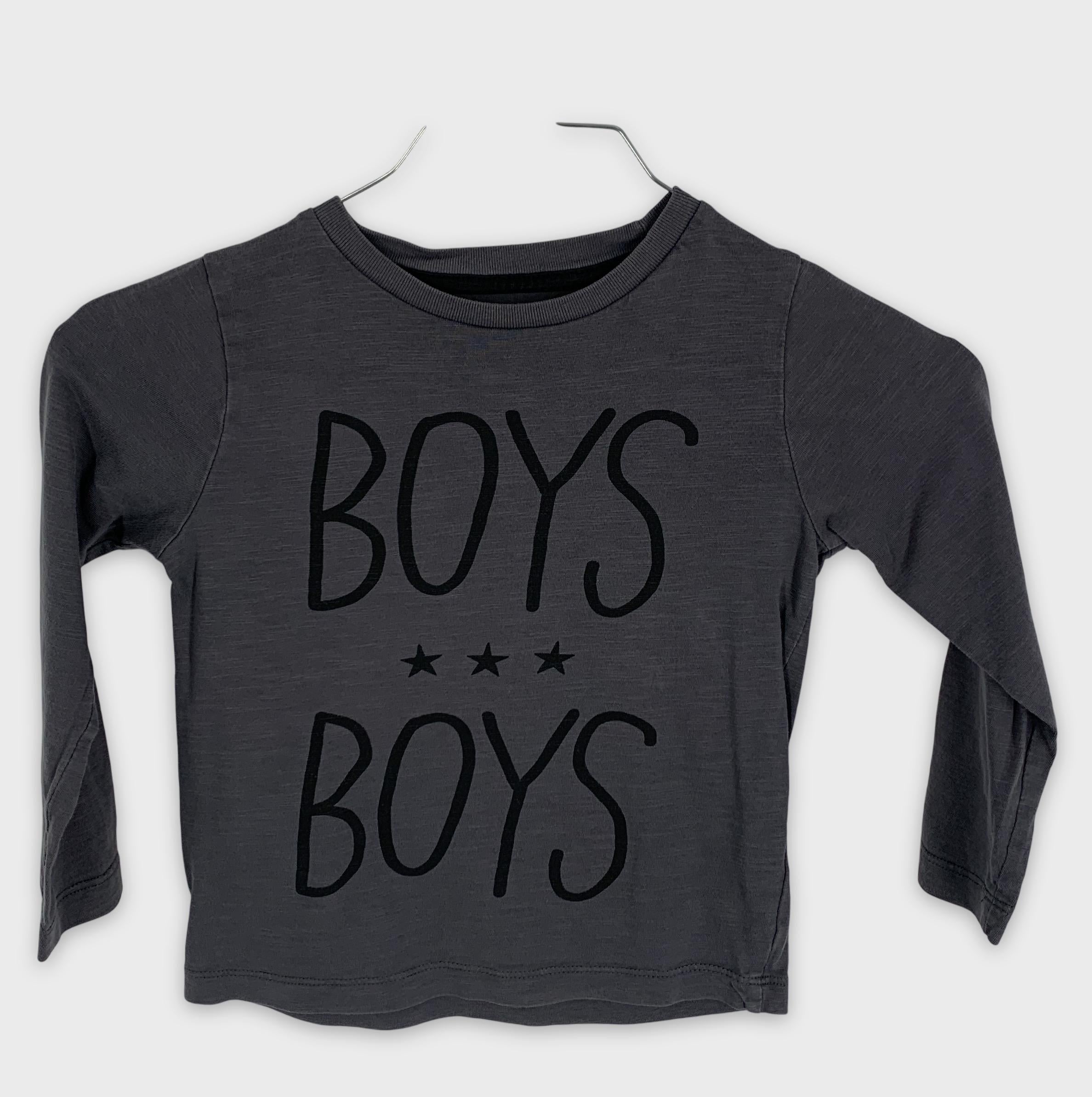 0-T-shirt manches longues Monoprix Kids, 4 ans, gris avec inscription "BOYS"